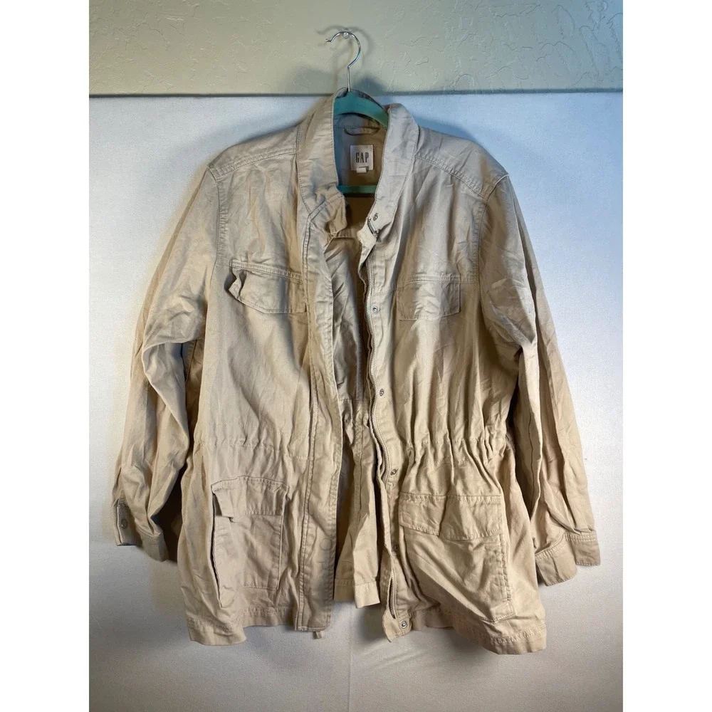 Gap Womens XXL Tan Khaki Utility Jacket Drawstring Waist Full Zip Field Coat G98